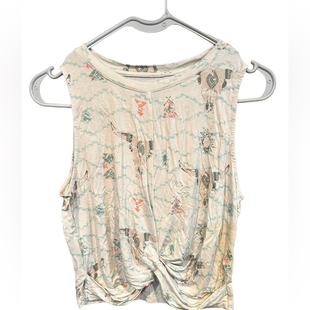 Sleeveless Twist-Front Tank Top in Cream Aztec Print